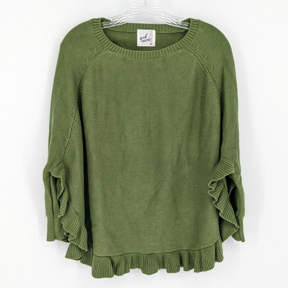 April Marin Poncho Sweater One Size Grassy Green Ruffle Trim Cotton Open Side